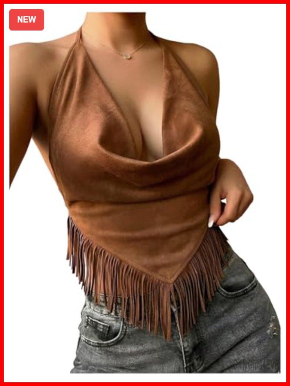 Fringe Suede Halter Top Tie Backless Western Cowgirl Crop